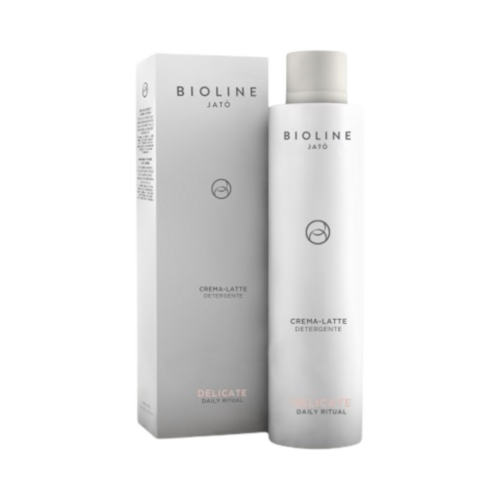 Bioline Delicate Milk Cream Cleansing, 200 ml/6,8 fl oz skonsam ansiktstvätt i elegant vit flaska, designad för känsliga hudvårdsrutiner.