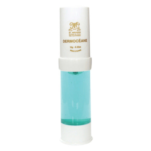 Dr. Mehran Dermoceane Skin Perfection Gel in a white and turquoise airless pump bottle, designed for anti-aging and hydration.