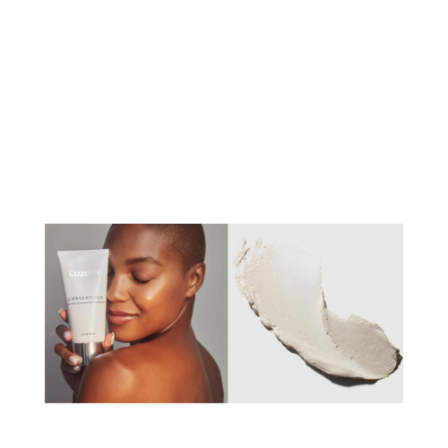 eSkinCareStore で、製品テクスチャーの横で笑顔の女性が持つルツェルン デトックス クレンジング マスク。健康的で輝く肌を促進します。