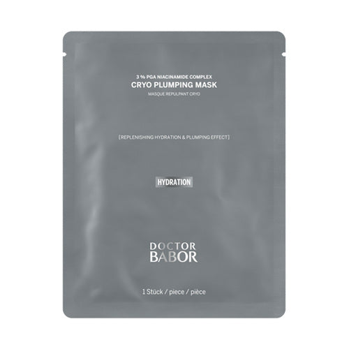 Babor Cryo Plumping Mask single-use face mask in grey pouch, boosts moisture and rejuvenates complexion with hydrating and plumping effect.