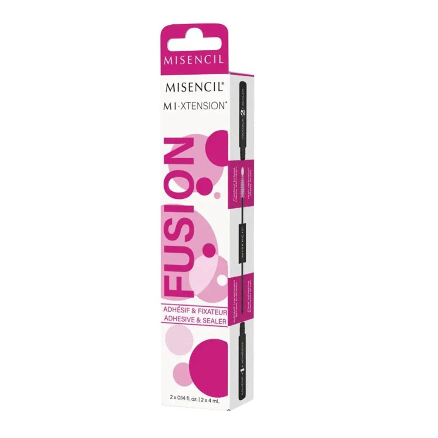 Misencil Eyelash Adhesive and Sealer Duo Set vaaleanpunaisessa ja valkoisessa pakkauksessa pitkäkestoiseen ripsienpidennykseen. Sisältää 2 x 4 ml putket.