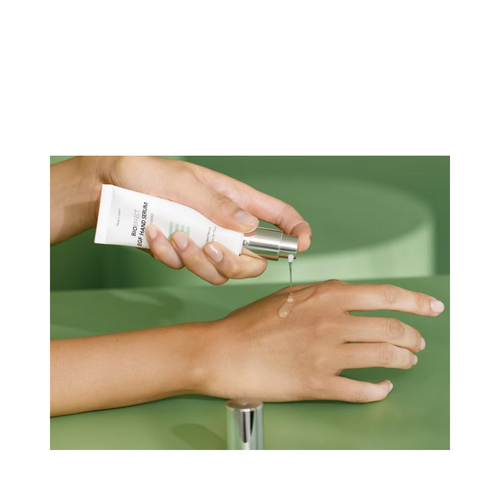 Application of BIOEFFECT EGF Hand Serum on skin, demonstrating its hydrating gel texture and nourishing effect for smoother hands.