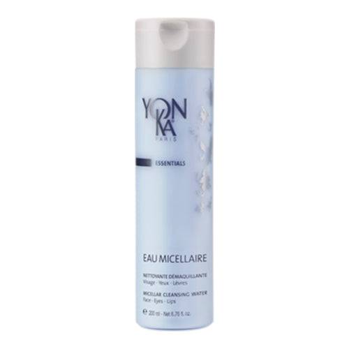 Full-size Yonka EAU Micellaire micellar cleansing water for oily skin, ideal for face, eyes, and lips in a 200ml bottle with botanical ingredients.