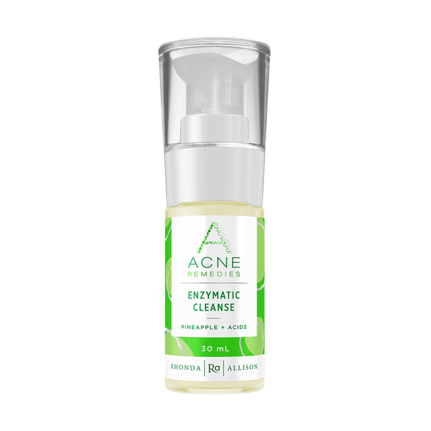 Rhonda Allison Enzymatic Cleanse 30 ml face wash with pineapple enzymes and acids for acne-prone skin. Clear pump bottle labeled for acne remedies.