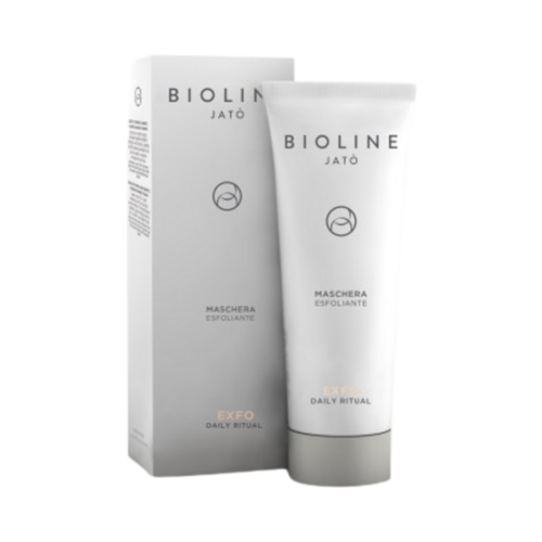 Bioline Exfo Exfoliating Facial Mask in sleek white tube with matching box. Designed for deep exfoliation and skin cell renewal in skincare routines.