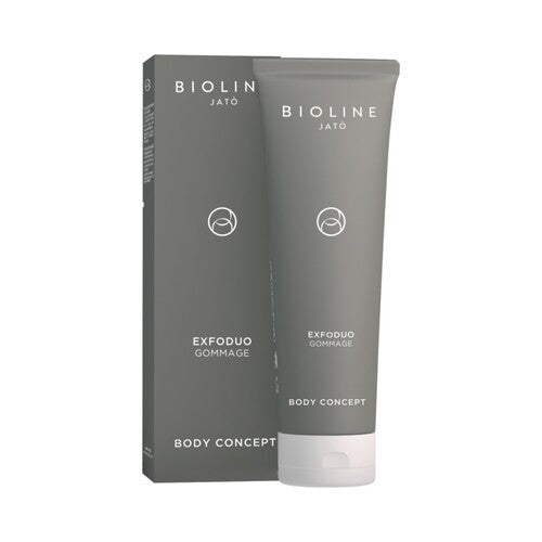 Bioline Exfoduo Gommage 250 מ"ל פילינג גוף באריזה אפורה מינימליסטית, מיועד לטיהור והחייאת העור בשגרת הרחצה.