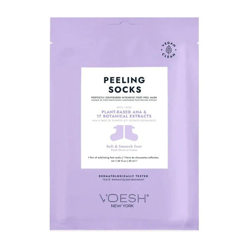 Voesh Lavender Peeling Socks - Kuoriva pari 17 kasviuutteella, suunniteltu intensiiviseen jalkojen kuorimiseen ja uudistamiseen henkilökohtaisessa hoitorutiinissa.