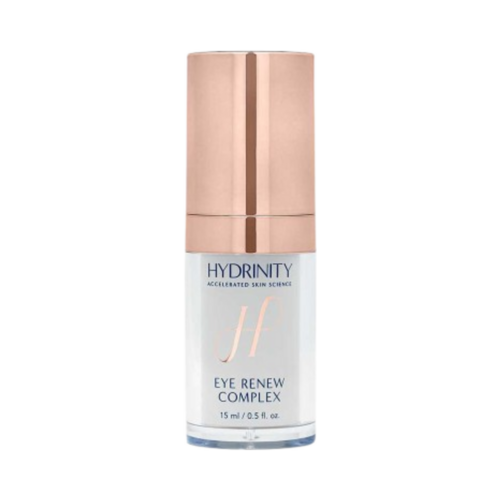 كريم العين Hydrinity Eye Renew Complex في عبوة أنيقة بحجم 15 مل مع طبقة علوية من الذهب الوردي، يستهدف الهالات السوداء وعلامات الشيخوخة حول العينين.