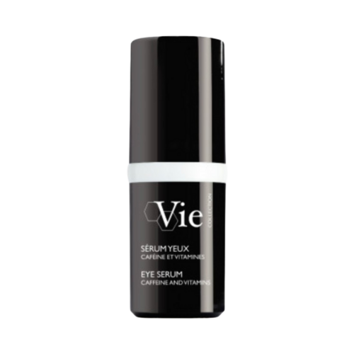 סרום עיניים של Vie Collection עם קפאין וויטמינים במיכל שחור מודרני. מפחית קמטים ומחייה עיניים עייפות בטיפוח עור מובחר.