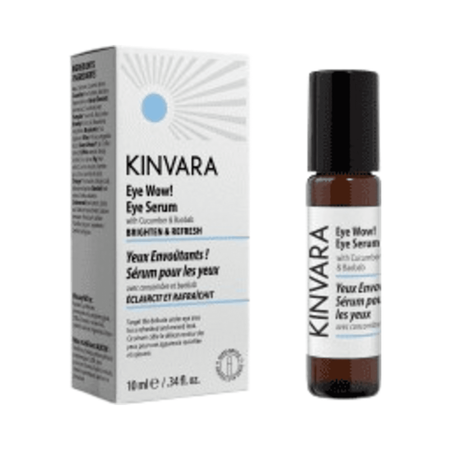 مصل Kinvara Eye Wow لعيون أكثر إشراقًا مع أداة وضع كرة دوارة وعبوة صندوقية، مثالي لترطيب وإنعاش البشرة تحت العين.