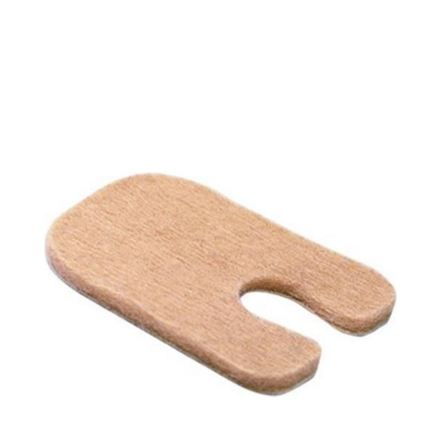 תקריב של פד יחיד של Pedifix FELTastic Callus Protector, בצורת U להפחתת חיכוך ולחץ באזורי כף הרגל הכואבים.