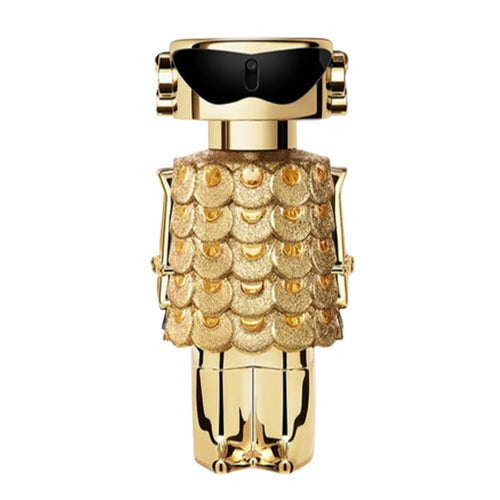 عطر Paco Rabanne Fame Intense في زجاجة روبوتية ذهبية فريدة من نوعها مع فستان لامع يشبه المقياس. عطر نسائي فاخر للمناسبات الخاصة.