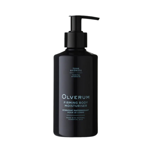 Olverum Firming Body Moisturiser in sleek black pump bottle, designed to tone and hydrate skin. Available at eSkinStore in the Body Moisturiser category.