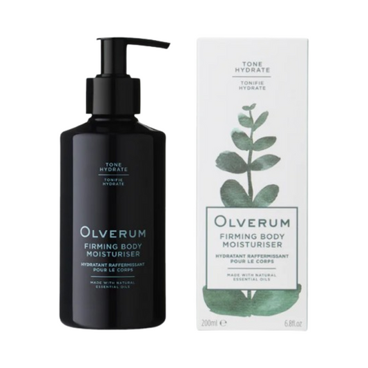 Olverum Firming Body Moisturiser with outer packaging featuring botanical design. A collagen-boosting body cream from eSkinStore's bath and body range.