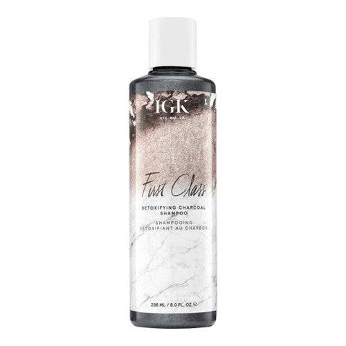 IGK Hair First Class Detoxifying Charcoal Shampoo in 236ml bottle for deep scalp cleansing and oil control. Ideal for enhancing shine and color protection.
