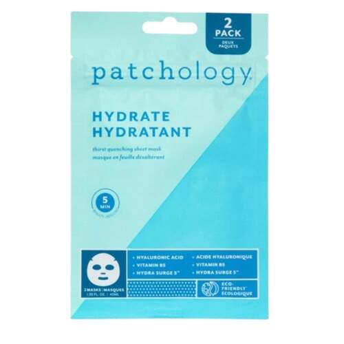 Patchology FlashMasque Hydrate μάσκες προσώπου 2 συσκευασιών με υαλουρονικό οξύ και βιταμίνη Β, σχεδιασμένες για γρήγορη ενυδάτωση και περιποίηση ξηρού δέρματος.