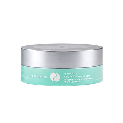 Patchology FlashPatch Rejuvenating Eye Gels jar with silver lid and mint green label, targeting under-eye dryness and wrinkles.