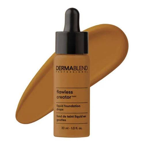 Dermablend リキッド ファンデーション ドロップス - スポイト付き 30 ml ボトルに入った 72N。顔全体をカバーするメイクアップ用の温かみのある深い色合いの見本とともに表示されます。