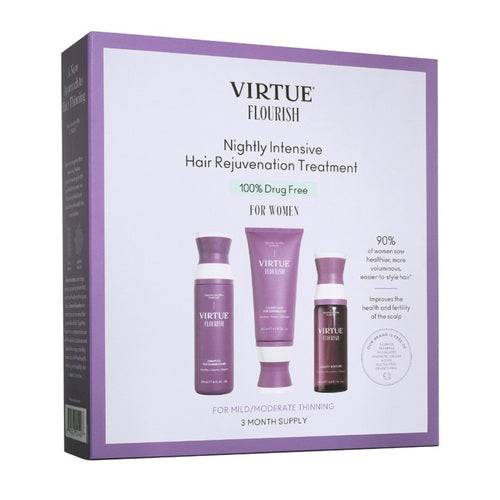 Virtue Flourish Intensive Hair Rejuvenation Treatment 3 Month Supply set with shampoo, conditioner, and density booster for thinning hair.