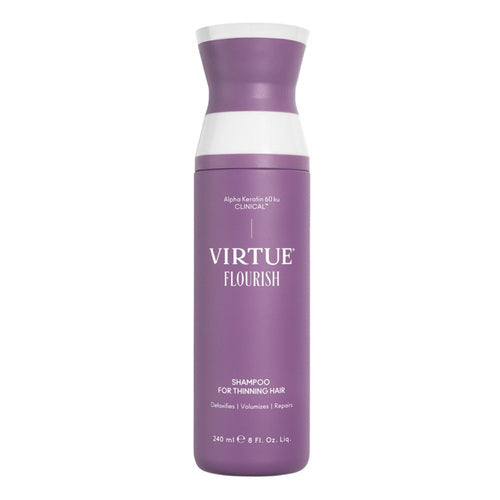 Virtue Flourish Shampoo for Thinning Hair, 240ml bottle, formulated to detoxify scalp, remove buildup, and support hair growth and volume.