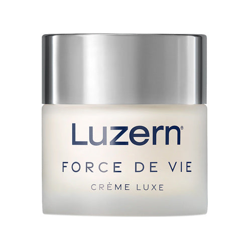 Luzern Creme Luxe anti-aging moisturizer in sleek frosted container, ideal for replenishing and smoothing facial skin.
