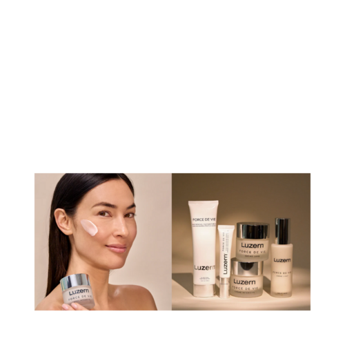 Colección de cuidado de la piel de Luzern que incluye Force De Vie Cream Mini, diseñada para desintoxicar y reafirmar la piel utilizando ingredientes naturales como té verde y péptidos.
