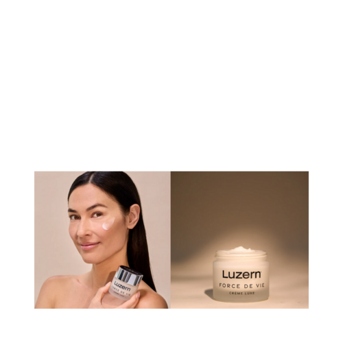 Luzern Force De Vie Luxe Cream Mini を使用したモデルと製品の瓶を並べると、柔らかく光り、その輝きを高める効果が強調されました。