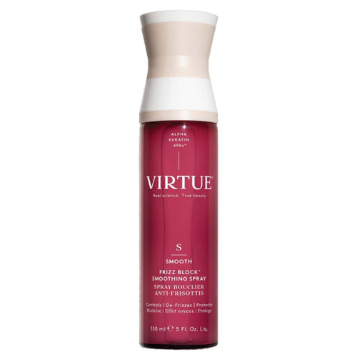 Virtue Frizz Block Smoothing Spray - Frizz Block Spray | 72hr Humidity Lock em um elegante recipiente vermelho, ideal para rotinas de cuidados com os cabelos em clima úmido.