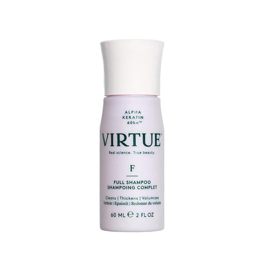 Virtue Full Shampoo 60 ml flaske for volumøkning, ideell for fint hår som trenger tykkelse og kropp i en kompakt størrelse.