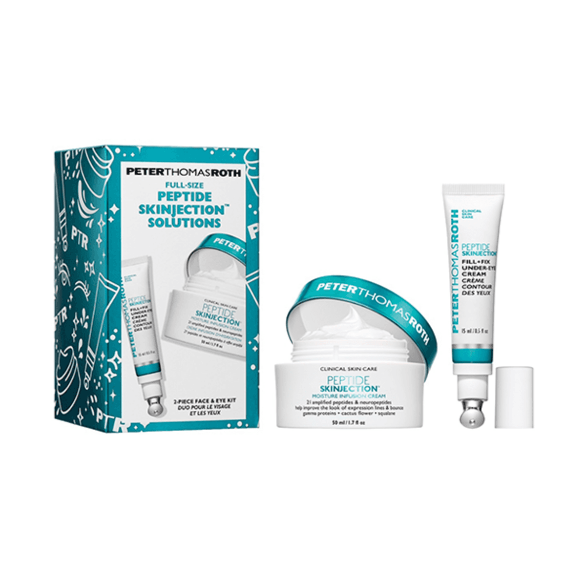 Kit de solutions Peter Thomas Roth Peptide Skinjection comprenant une crème pour le visage et une crème pour les yeux pleine grandeur dans un coffret cadeau bleu sarcelle et blanc. Idéal pour raffermir et lisser la peau.