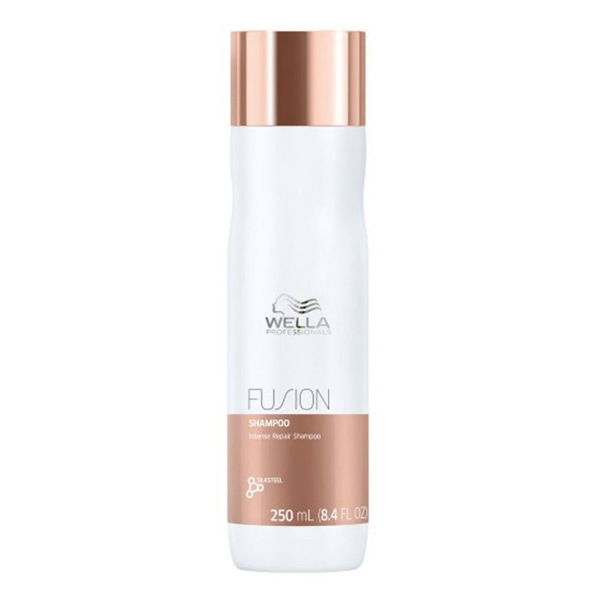 Wella Fusion Intense Repair Shampoo 250ml ボトルはローズゴールドのキャップ付きで、傷んだ髪を修復し保護するように設計されています。ヘアケアルーチンに最適です。