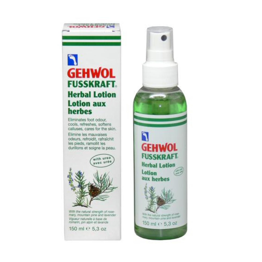 Gehwol Fusskraft Herbal Lotion ספריי וקופסה, 150 מ"ל. פתרון צמחי לטיפוח כף הרגל עם רוזמרין ואורן הרים לכפות רגליים רעננות נטולות ריח.