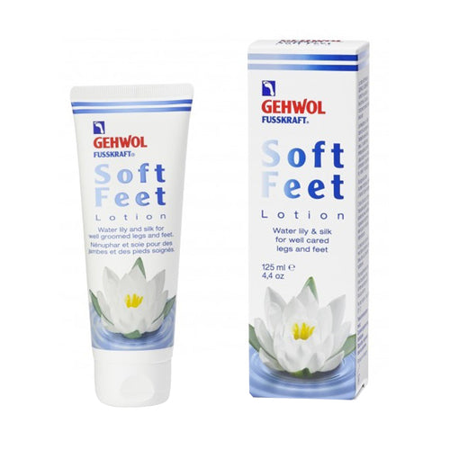 Gehwol Fusskraft Soft Feet Lotion 125 ml tube en verpakking, ontworpen voor verlichting van de droge huid op voeten en benen. Verkrijgbaar bij eSkinCareStore.