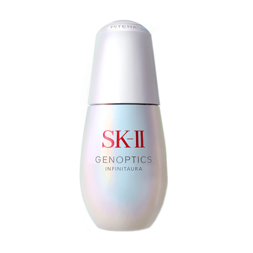 SK-II GenOptics Infinitaura ブライトニング セラム ボトルは、滑らかなパール光沢仕上げが施されています。ピテラとナイアシンアミドを配合したくすんだ肌のための美白美容液。