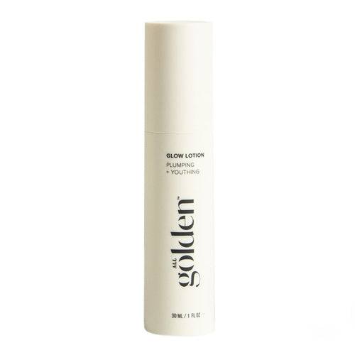 All Golden Glow Lotion 30ml plumping moisturizer for youthful skin, featured in a clean, modern cylindrical container for daily skin care use.