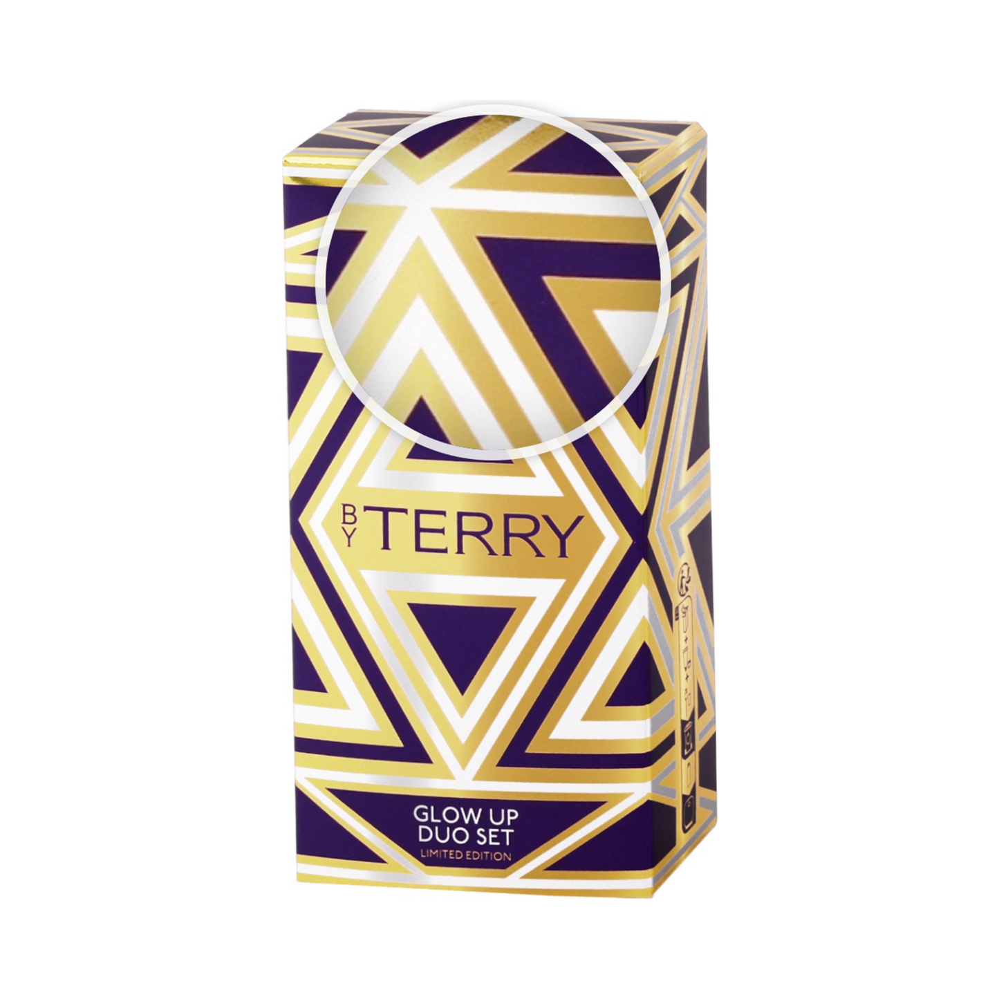 من Terry Glow Up Duo Set التعبئة والتغليف بتصميم هندسي باللونين الأرجواني والذهبي. مجموعة ترويجية فاخرة للعناية بالبشرة للحصول على بشرة متألقة.