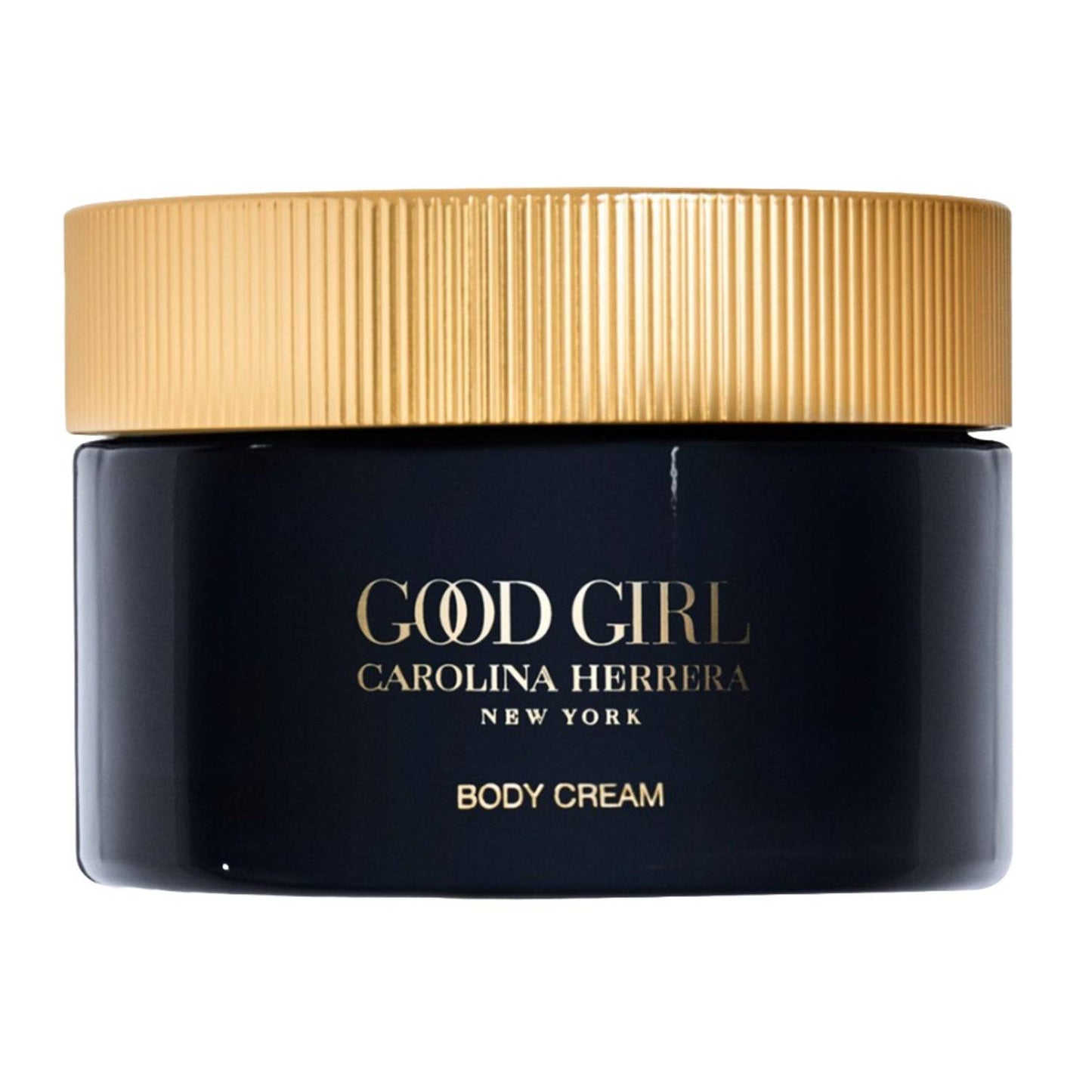 Carolina Herrera Good Girl Body Cream in un elegante barattolo nero con coperchio dorato, lussuosa crema idratante per il corpo per una pelle morbida e profumata.