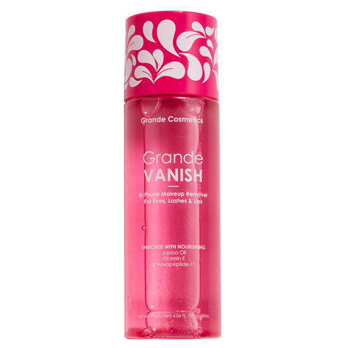 Grande Cosmetics GrandeVANISH Bi-Phase Makeup Remover i livlig rosa emballasje, beriket med Vitamin E og Hexapeptide-11 for pleie av vipper og bryn.
