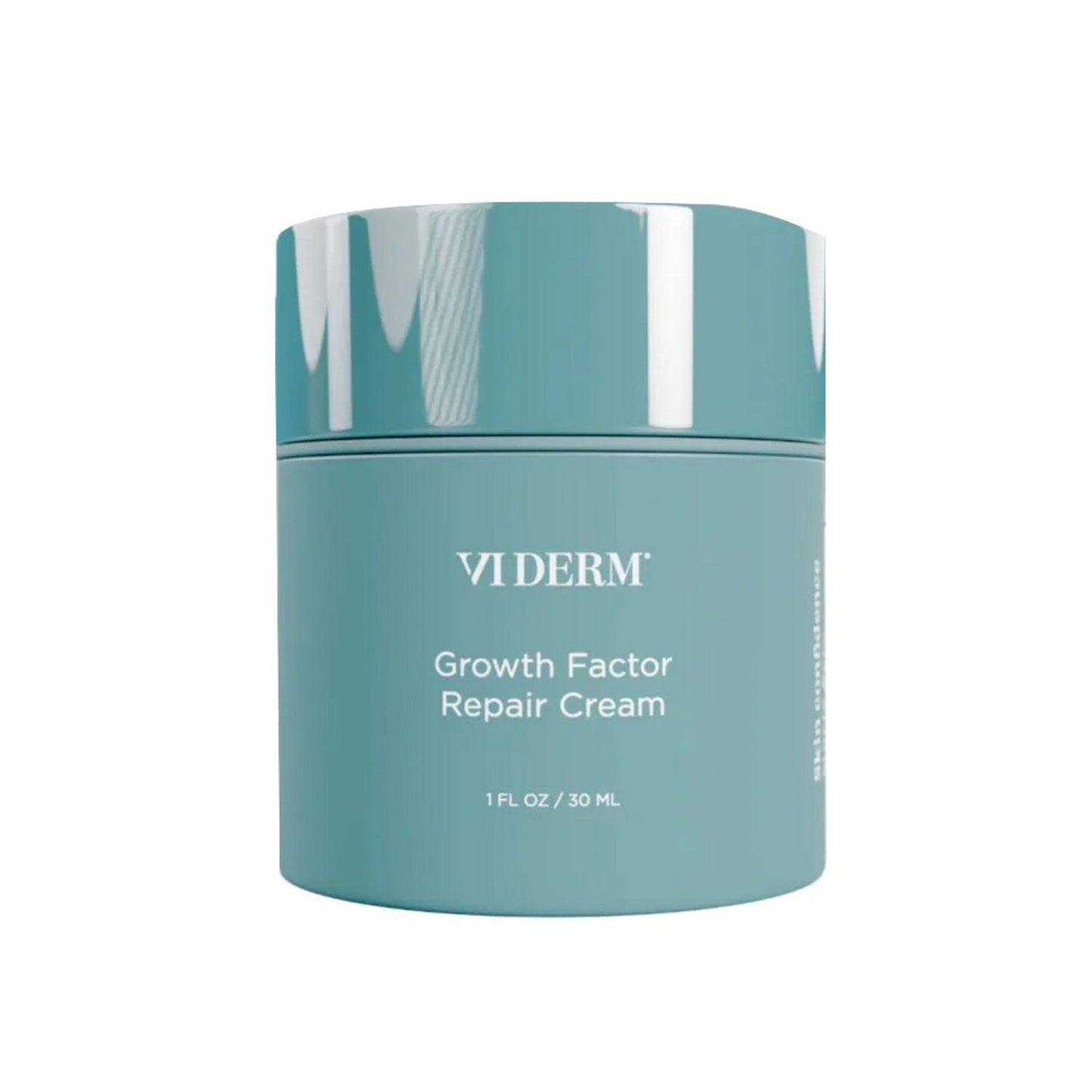 VI Derm Growth Factor Repair Cream för hudåterhämtning i en 1 fl oz blågrön burk, designad för att återfukta och regenerera ansiktshud.