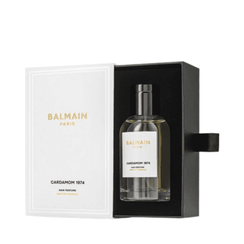 Profumo per capelli Cardamom 1974 di BALMAIN Paris Hair Couture, 100 ml presentato in una confezione firmata, che unisce i benefici della fragranza e del trattamento dei capelli.