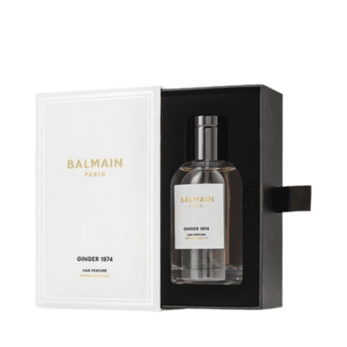 تغليف فاخر لعطر شعر BALMAIN Paris Hair Couture Ginger 1974، 100 مل، يعرض تقديم الرعاية الفاخرة للشعر.