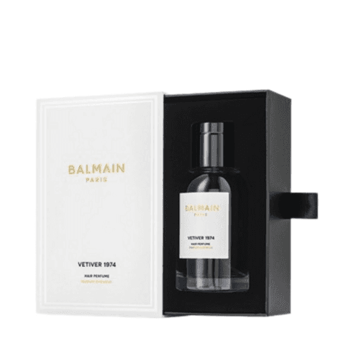 BALMAIN Paris Hair Couture Hair Perfume Vetiver 1974, 100ml σε κομψό μαύρο κουτί με λευκό κάλυμμα, premium προϊόν περιποίησης μαλλιών.