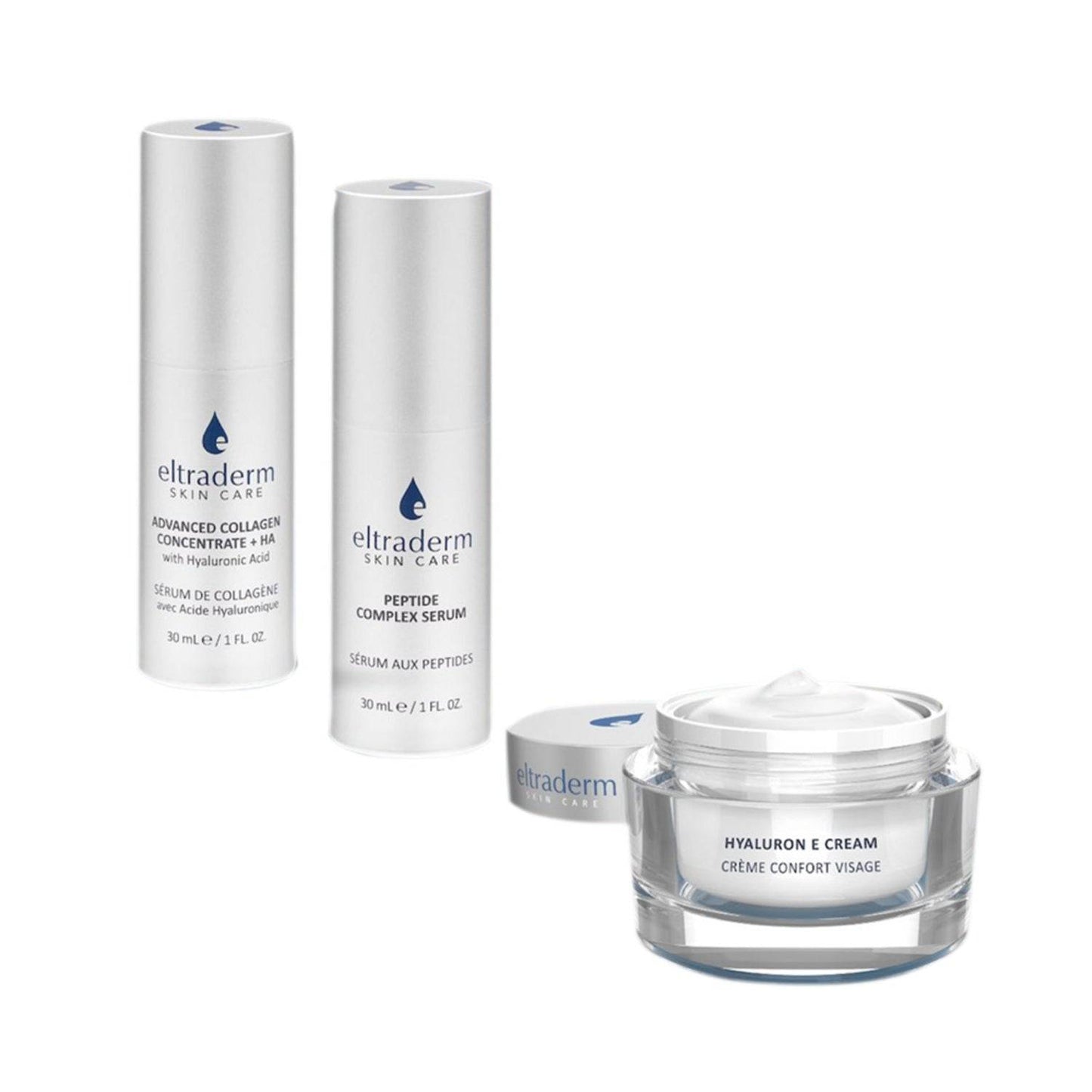 مجموعة Eltraderm Holiday Hydration Sets التي تحتوي على الكولاجين المتقدم ومصل مركب الببتيد وكريم Hyaluron E للعناية المكثفة ببشرة الوجه.