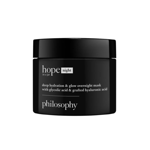 Philosophy nachtelijk gezichtsmasker voor diepe hydratatie en glans, met glycolzuur en hyaluronzuur in een zwarte cosmetische pot voor nachtelijke huidverzorging.