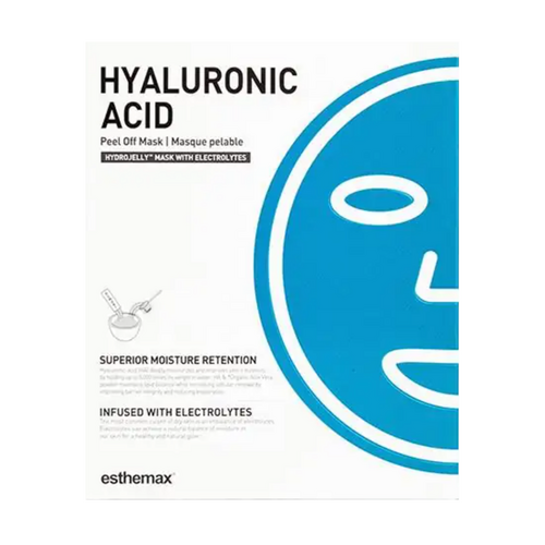 Esthemax Hyaluronic Acid Hydrojelly Mask για περιποίηση προσώπου, που παρουσιάζεται σε συσκευασία λιανικής με πλεονεκτήματα όπως ανώτερη ενυδάτωση και μείωση των σπασμών.