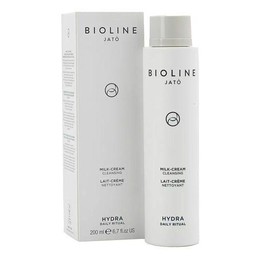 Bioline Hydra Milk Cream Cleansing, ניקוי פנים 200 מ"ל עם נוסחת לחות, מוצג עם קופסת מוצר לטיפול בעור יבש ביופי אישי.