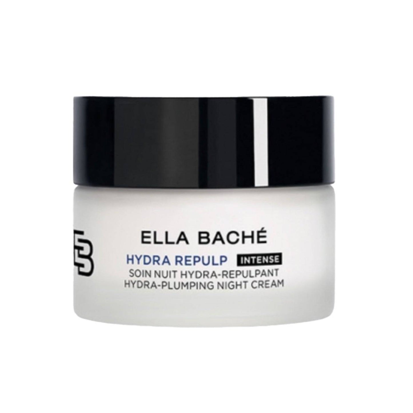 كريم الليل Ella Bache Hydra-Plumping في وعاء أبيض مع غطاء أسود، مصمم لترطيب مكثف طوال الليل ولملء البشرة.