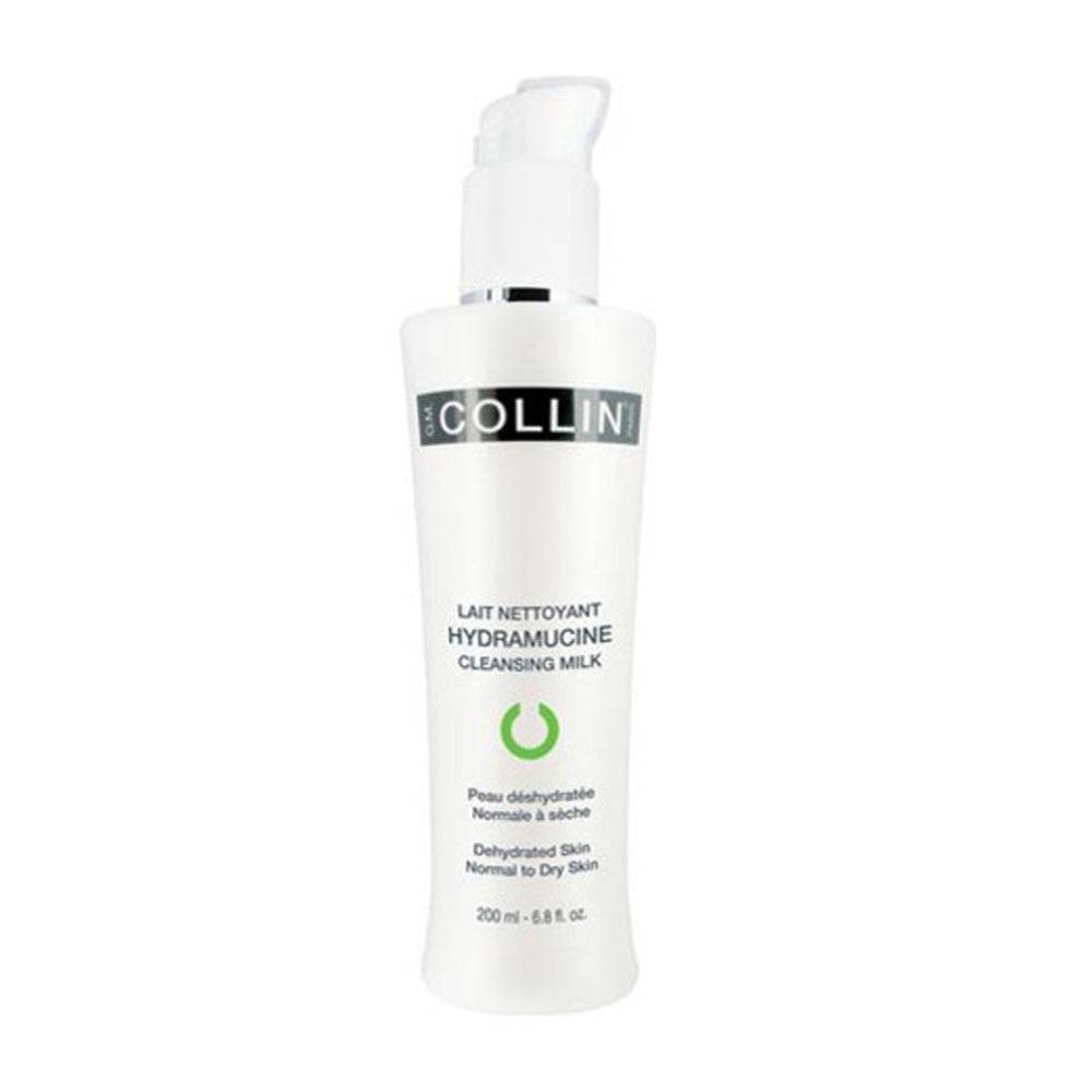 Set forfra af GM Collin Hydramucine Cleansing Milk med mærkede fordele til dehydreret hud, perfekt til daglige hudplejerutiner.