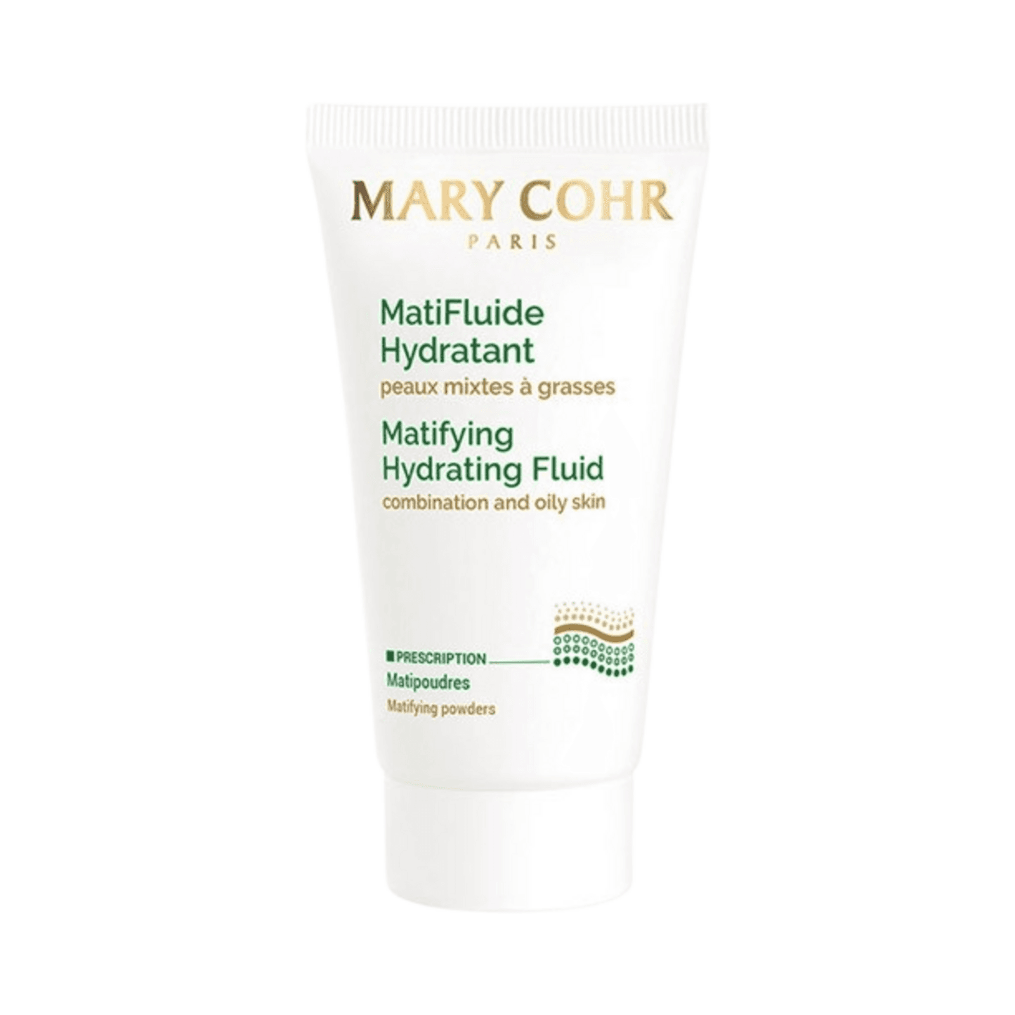 Mary Cohr Hydrated MatiFluid マットティファイング フェイス セラムは、白いチューブのパッケージに入った脂性肌用です。混合肌の油分をコントロールし、潤いを与えます。