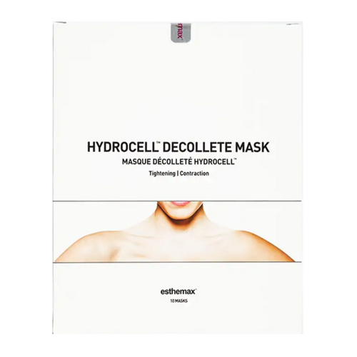 Vista frontale della scatola della maschera Esthemax Hydrocell Decollete, una soluzione per la cura della pelle che combatte il rilassamento cutaneo e la pelle secca nella zona del torace.